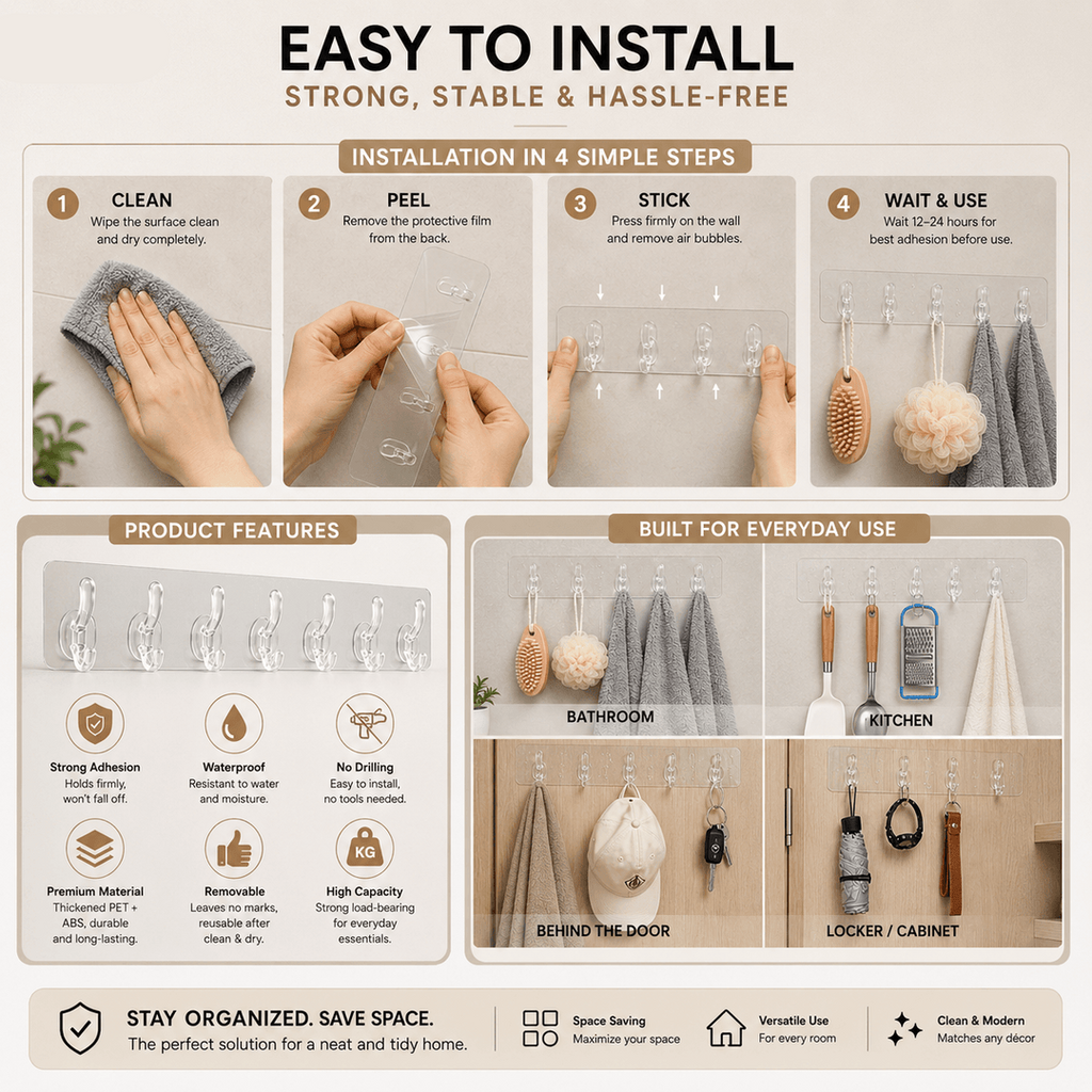 Seamless Heavy Duty Transparent Adhesive Hooks